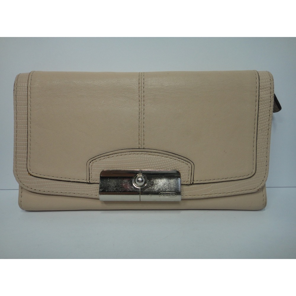 Coach Kristin Leather Flap Slim Envelope Wallet Champagne Lizard Embossed Trim
